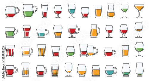 Comprehensive set of various glassware icons including wine glasses, beer mugs, and juice tumblers with different colored liquids.