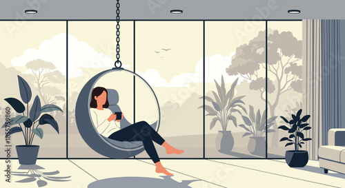 Woman relaxing in a modern hanging bubble chair and drinking coffee while looking out of a large window at nature.