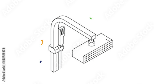 Isometric line art illustration of a modern square shower head and a handheld shower attachment for bathroom design.