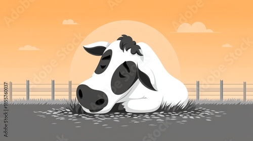 Cow resting in shade concept, A peaceful cow resting on a farm under a warm sunset glow.