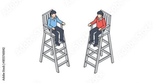 Two people sitting in high wooden chairs, possibly for lifeguards or sports referees, in an isometric perspective.