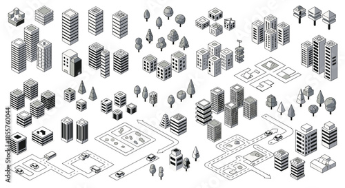 Extensive set of isometric grey scale city buildings, trees, roads, and cars for urban planning and architectural design projects.