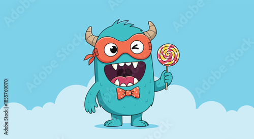Cute blue monster character wearing an orange mask and bowtie, winking and holding a large colorful swirled lollipop.