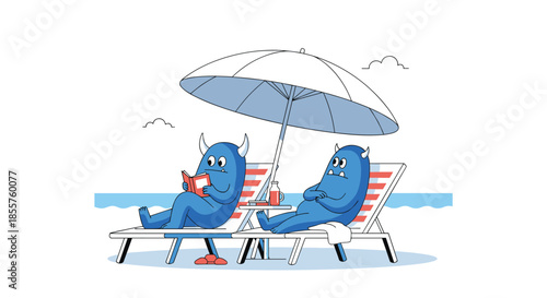 Two blue monster characters relaxing on lounge chairs at the beach under a large white umbrella, one reading a book.