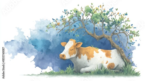 Cow resting in shade concept, A tranquil cow resting peacefully beneath a colorful tree.