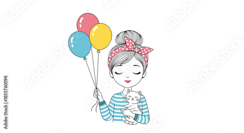 Sweet hand-drawn illustration of a young girl with a headscarf holding three balloons and hugging a cute white kitten.