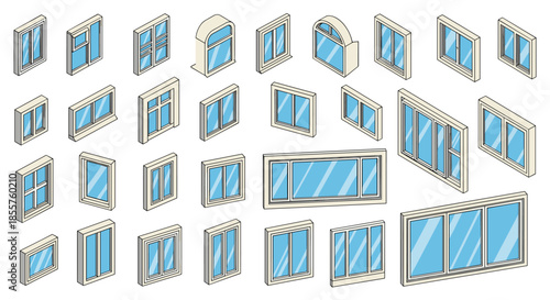 Diverse set of isometric window designs with various frames, glass panels, and opening styles for architectural visualization.