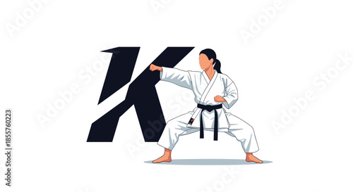 Strong female martial artist in a white karate gi performing a strike in front of a large stylized letter K background.