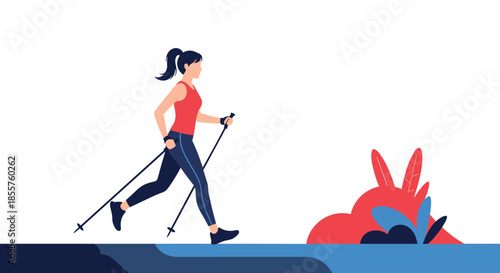 Athletic woman practicing Nordic walking with poles on a path with decorative bushes against a clean white background.