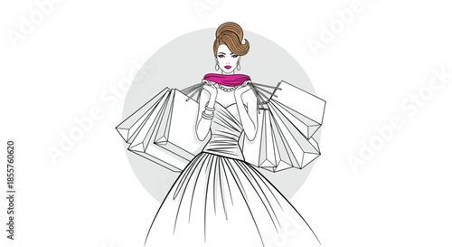 Elegant woman wearing a stylish gown and pink scarf holds numerous shopping bags after a successful luxury shopping spree.