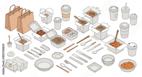 Large set of isometric fast food packaging including noodle boxes, coffee cups, paper bags, and plastic cutlery for takeout services.