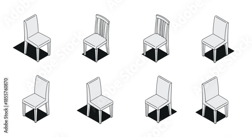 Collection of eight isometric office chairs shown from different angles with simple black shadows on a white background.