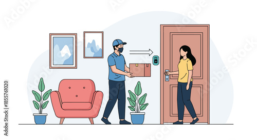 Delivery man wearing a mask hands over a brown box to a woman at her doorstep using a smart digital lock for security.