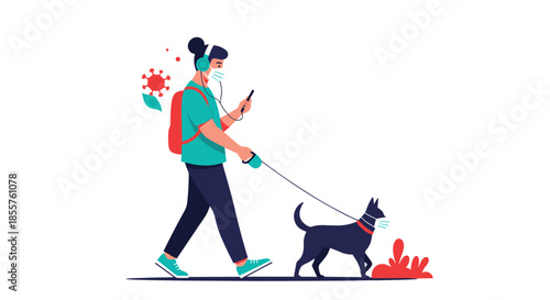 Person wearing a face mask and headphones walks their dog while using a smartphone in a public outdoor area.