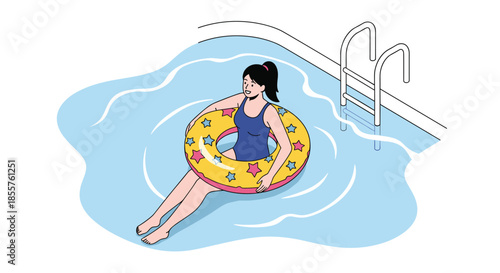 Happy young woman in a blue swimsuit relaxing while floating on a colorful yellow and pink star-patterned inner tube in a swimming pool.