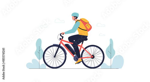 Modern delivery person riding an electric bicycle with a large orange backpack through a park setting with trees and clouds.