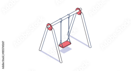 Minimalist isometric illustration of a classic outdoor playground swing set with a red seat and silver metal frame for children's play areas.
