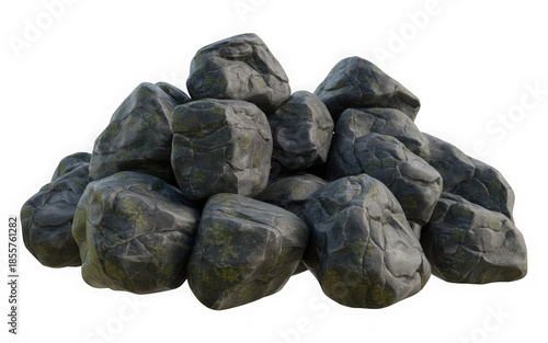 A stack of rugged grey boulders covered in green moss isolated on a  background isolated on transparent background