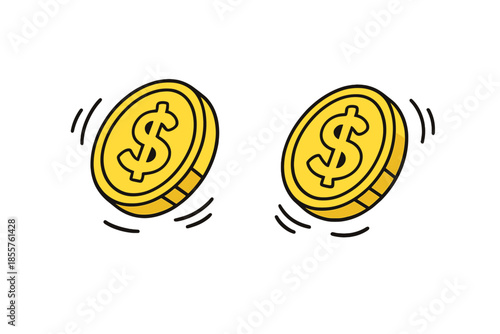 Two spinning golden coins with dollar sign