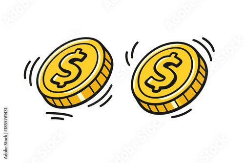 Two spinning gold coins with dollar signs