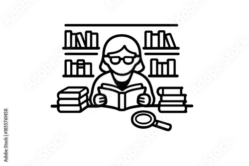 Person reading a book in front of bookshelves