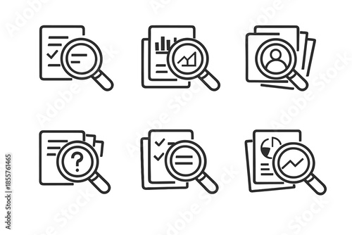 Set of data analysis icons with magnifying glass