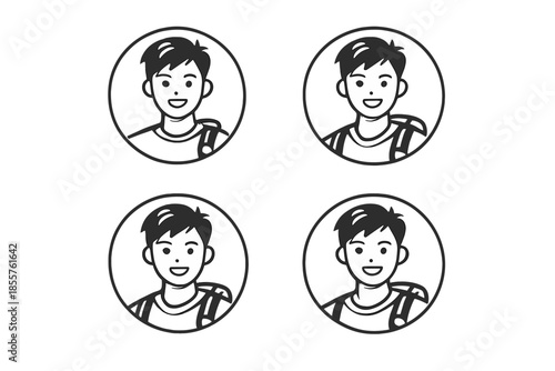 Four cartoon profile pictures of a smiling boy with a backpack
