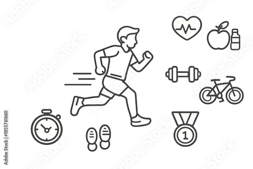 Healthy Lifestyle and Fitness Icons on Gray Background