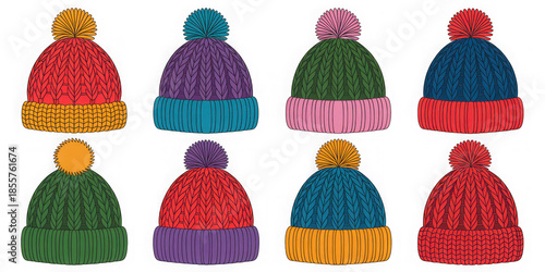 A collection of knitted winter hats with pom-poms in various vibrant colors, perfect for cold weather season isolated on transparent background
