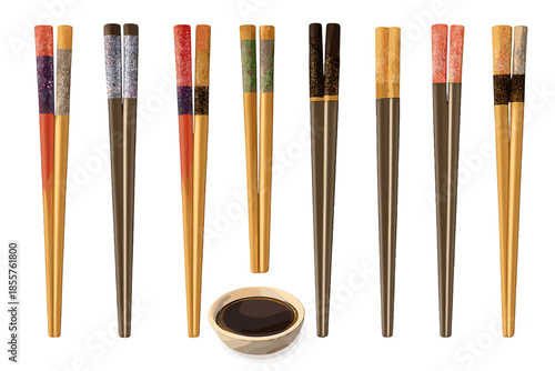 Assortment of Decorative Chopsticks Arranged Above a Bowl of Soy Sauce