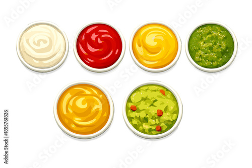 Variety of Sauces and Dips in White Bowls