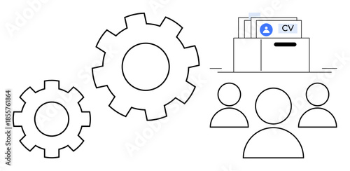 Recruitment process. Recruitment system highlighting HR management with gears workflow and CV folder for hiring. Recruitment supports streamlined hiring and HR tasks. For workforce planning