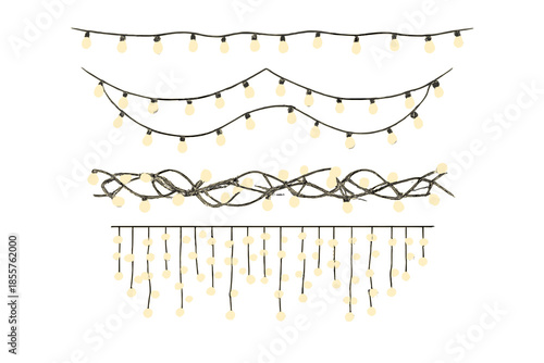 Set of glowing fairy lights strings with warm yellow light