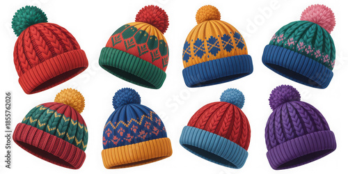 A collection of colorful knitted winter hats with pom-poms on a white background isolated on transparent background