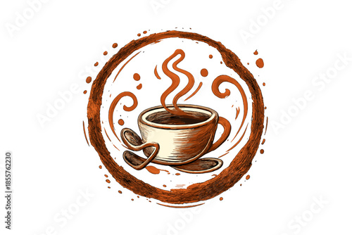 Steaming cup of coffee in a circular frame