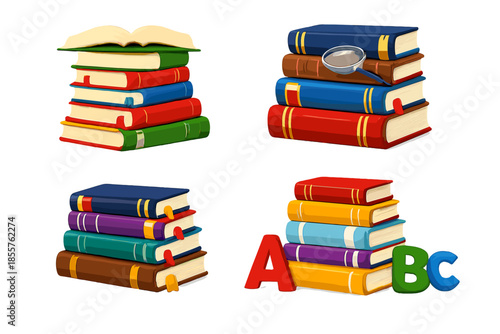 Stack of Colorful Books with Magnifying Glass and ABC Letters