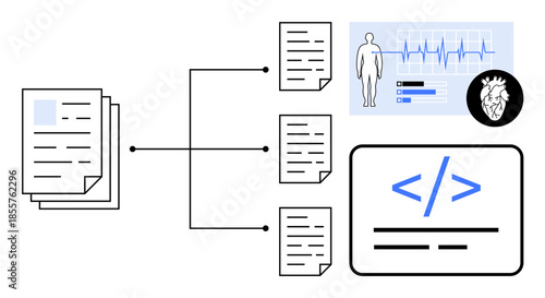 Data management, digital health, medical analysis, coding workflows, automation, health technology. Visuals of documents, health metrics and coding visuals. Data management and digital health