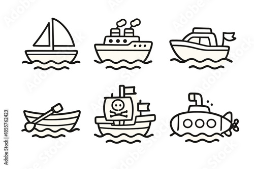 Set of cartoon boats and a submarine on a textured gold background