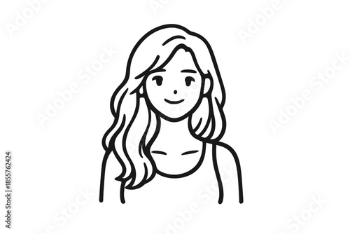 Minimalist black outline of a smiling girl with wavy hair