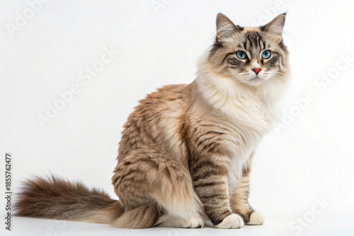 A beautiful long-haired Ragdoll cat with cream and brown markings and striking blue eyes 