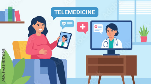 Pregnant woman using telemedicine services on a digital tablet at home with a doctor on screen