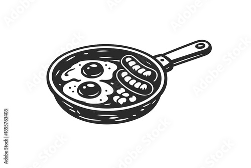 Black and White Frying Pan with Fried Eggs and Sausages
