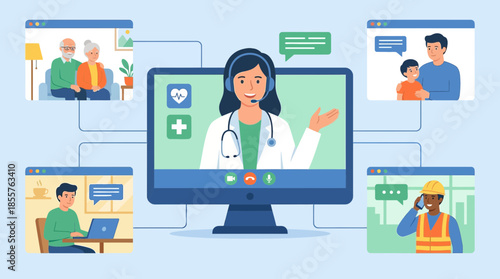 Medical professional engaging in online consultation with diverse group of people