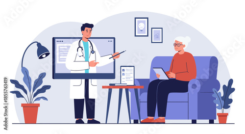 Doctor explaining medical information to an elderly patient in a comfortable living room setting with furniture and plants