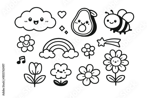 Cute Kawaii Characters and Icons on Dark Background