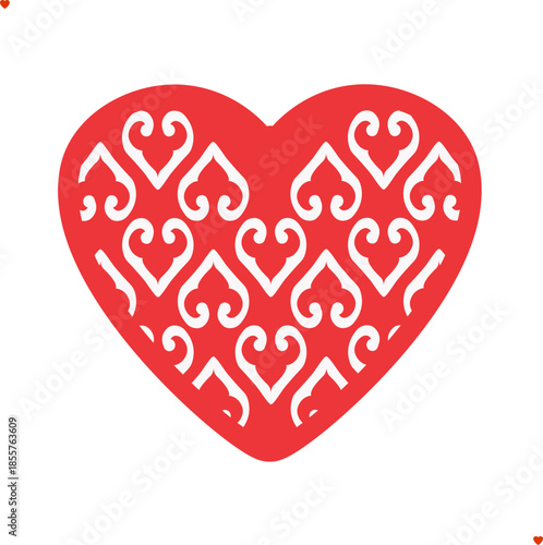 Stylized romantic heart with white lace-like design on red , isolated, for Valentine’s Day cards and romantic decor, transparent background
