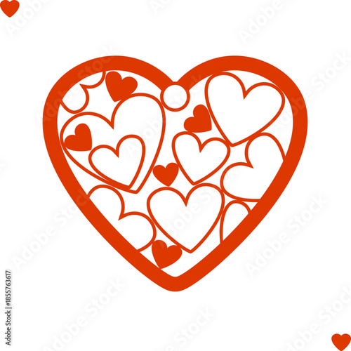 Vector red outline heart with multiple small hearts  inside for Valentine’s Day, for wedding invitations, transparent background.