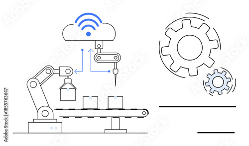 Industry 4.0, smart factories, automation, cloud systems, manufacturing technology industrial IoT. Robotic arm on assembly line cogs and cloud. Automation and Industry 4.0 concepts