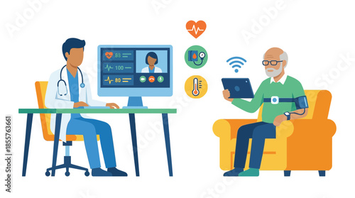 Elderly man using digital tablet while consulting doctor remotely on computer screen