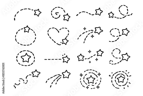 Hand-drawn star doodle set with dashed trails and shapes